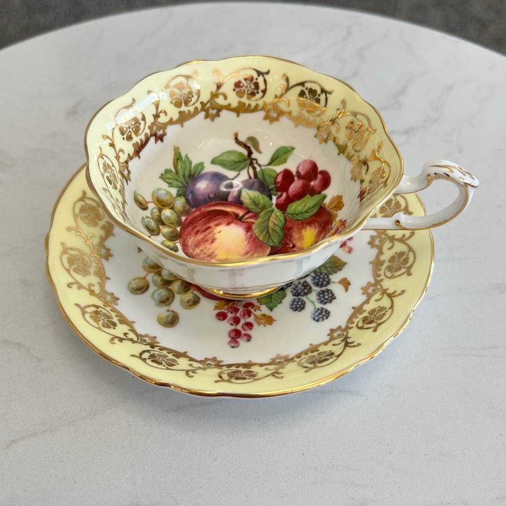 Paragon Fine Bone China Teacup Saucer Yellow Gold Fruit Orchard England Vtg